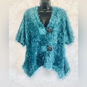 Kaktus Woman's Blue Fuzzy Sweater Wooden Flower Buttons Shark Bite Hem Large